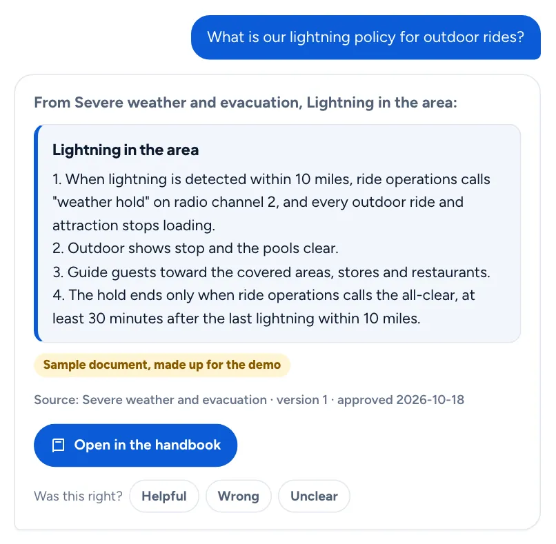 Answer to: What is our lightning policy for outdoor rides?
