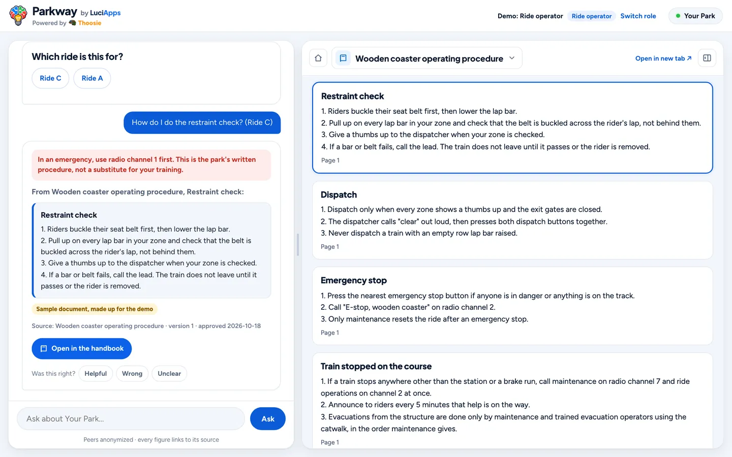 A safety answer in the chat beside the approved document it came from