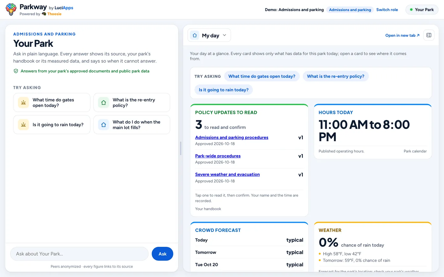 Admissions and parking: chat beside the role's dashboard