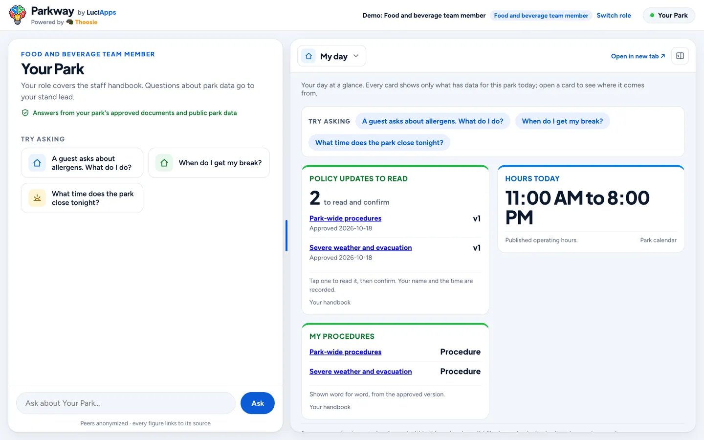 Food and beverage team member: chat beside the role's dashboard