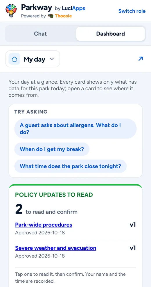 Food and beverage team member on a phone: My day