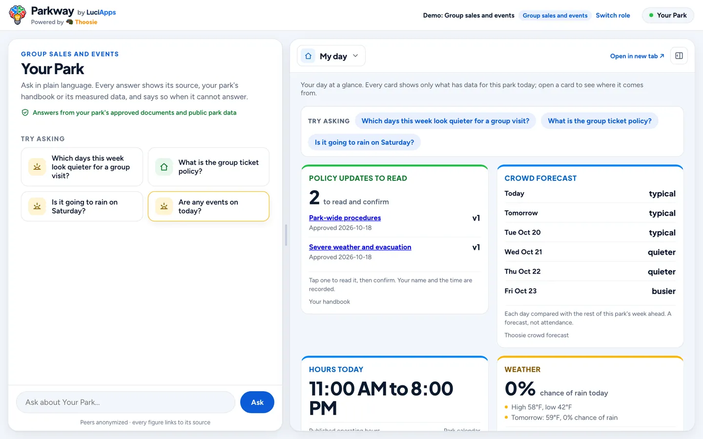 Group sales and events: chat beside the role's dashboard