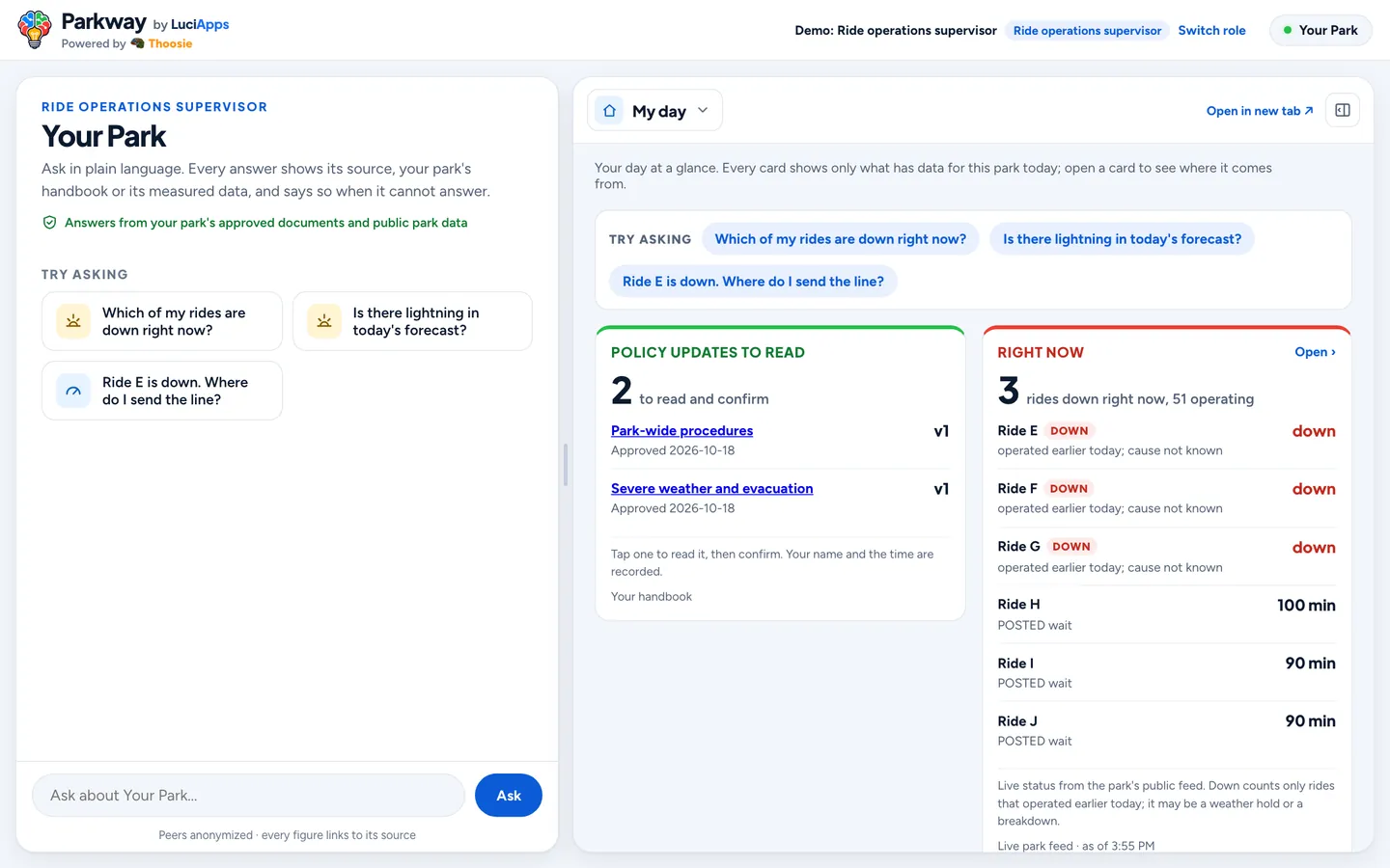 Ride operations supervisor: chat beside the role's dashboard