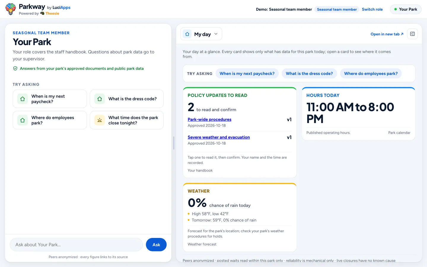 Seasonal team member: chat beside the role's dashboard