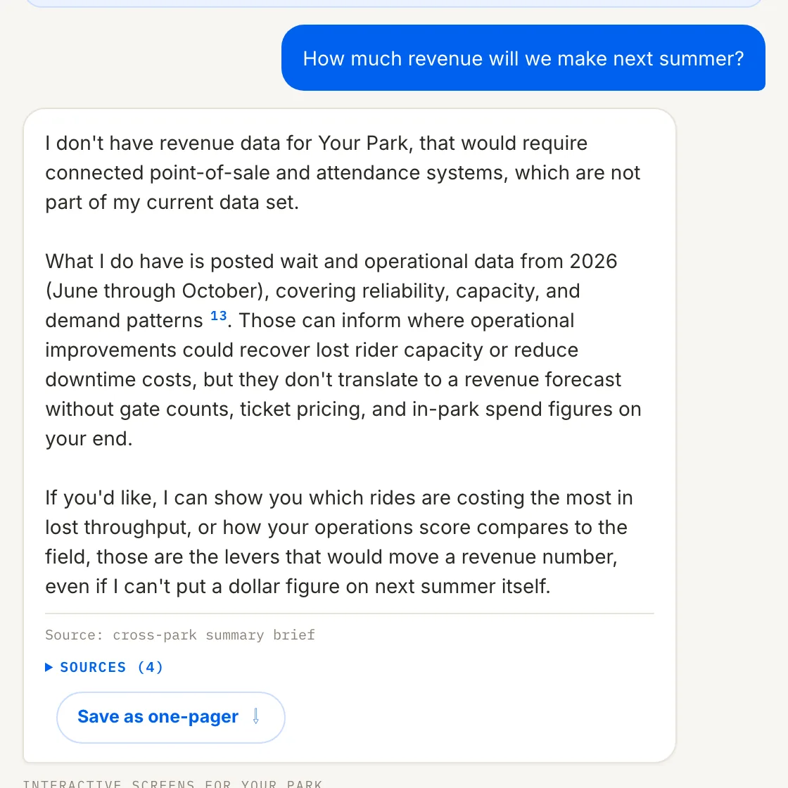 Chat answer declining to forecast next summer's revenue, explaining why, and offering the operational losses it can measure