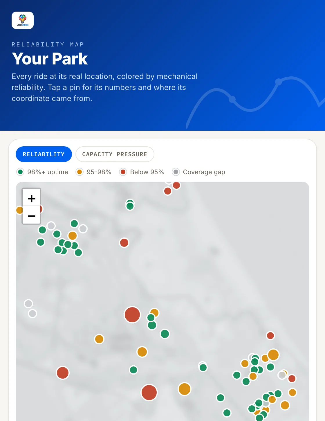Reliability map with color-coded ride pins