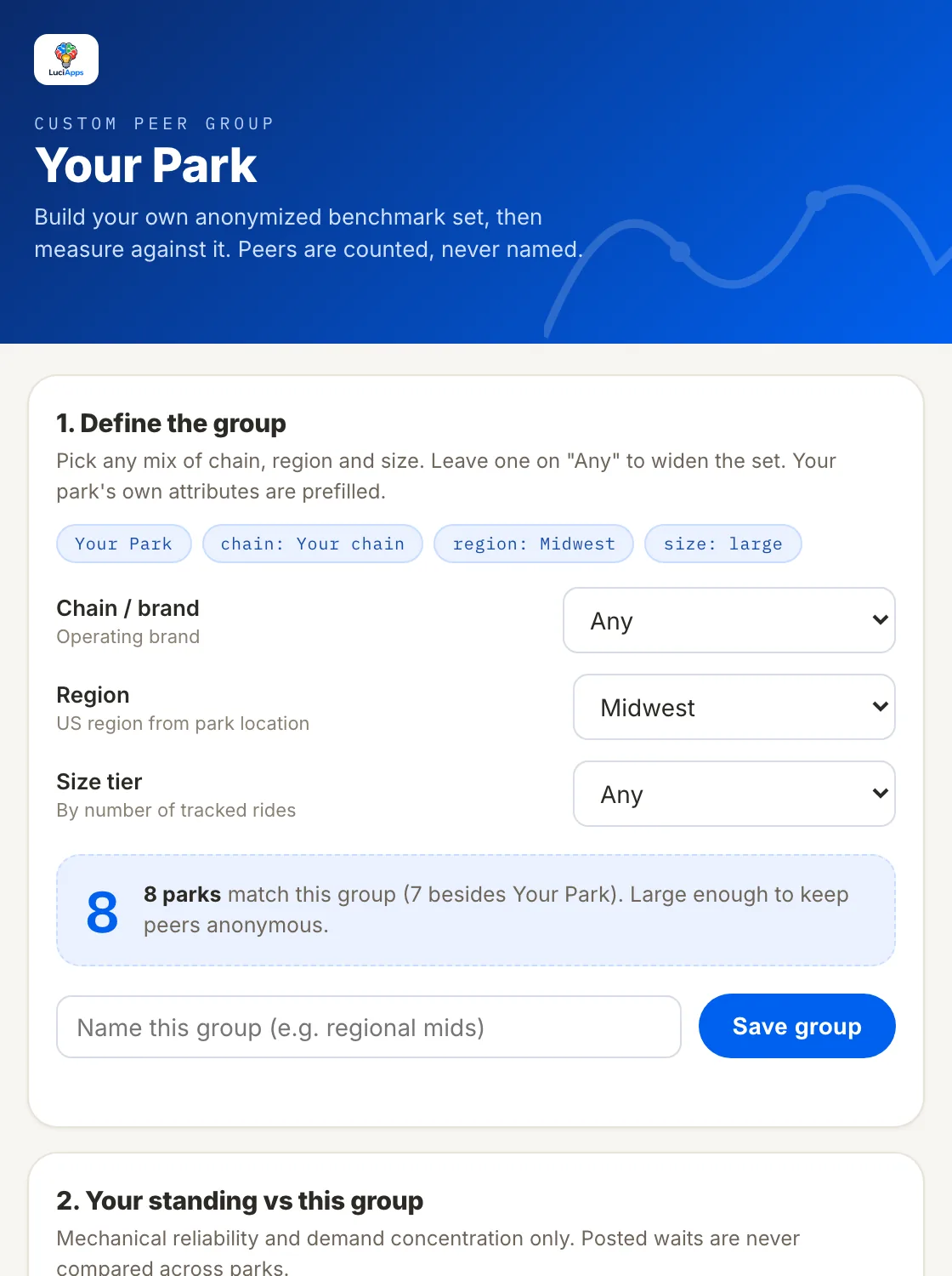 Custom peer group builder and results
